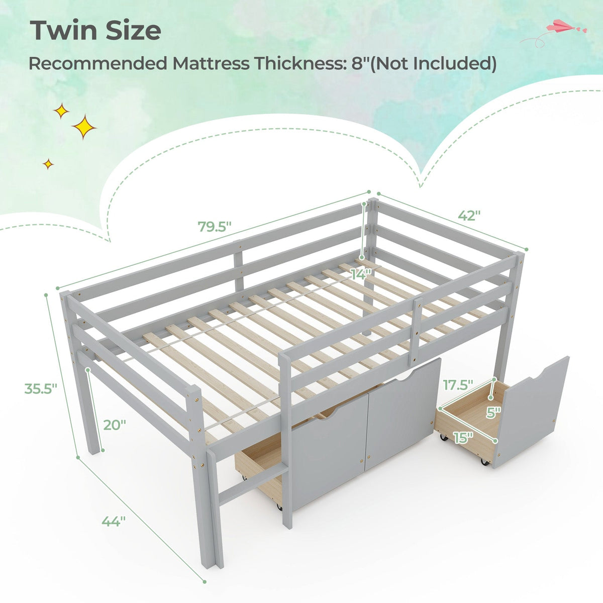 Twin Size Low Loft Bed with 3 Drawers with Ladder and Full-length Guardrails-Trundle Bed Frame-DECOROLALA