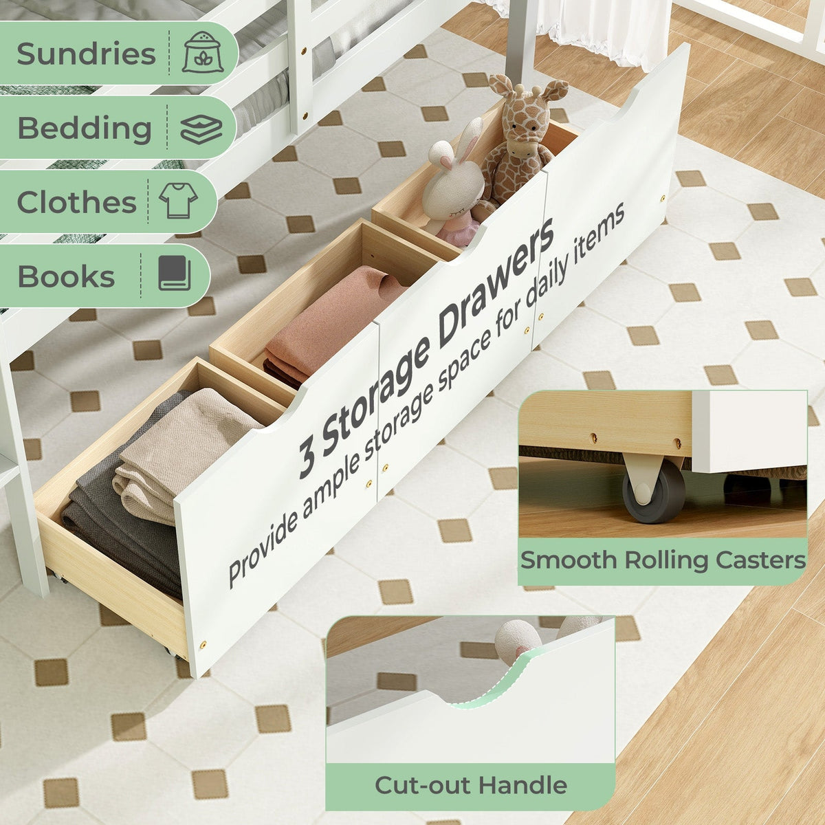 Twin Size Low Loft Bed with 3 Drawers with Ladder and Full-length Guardrails-Trundle Bed Frame-DECOROLALA
