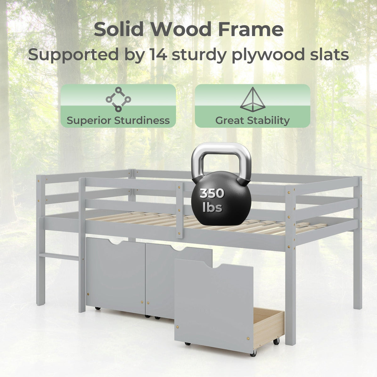 Twin Size Low Loft Bed with 3 Drawers with Ladder and Full-length Guardrails-Trundle Bed Frame-DECOROLALA