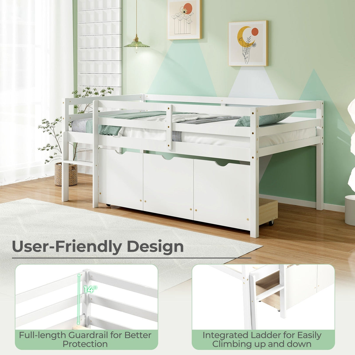 Twin Size Low Loft Bed with 3 Drawers with Ladder and Full-length Guardrails-Trundle Bed Frame-DECOROLALA