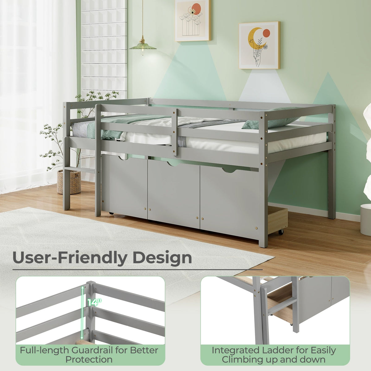 Twin Size Low Loft Bed with 3 Drawers with Ladder and Full-length Guardrails-Trundle Bed Frame-DECOROLALA