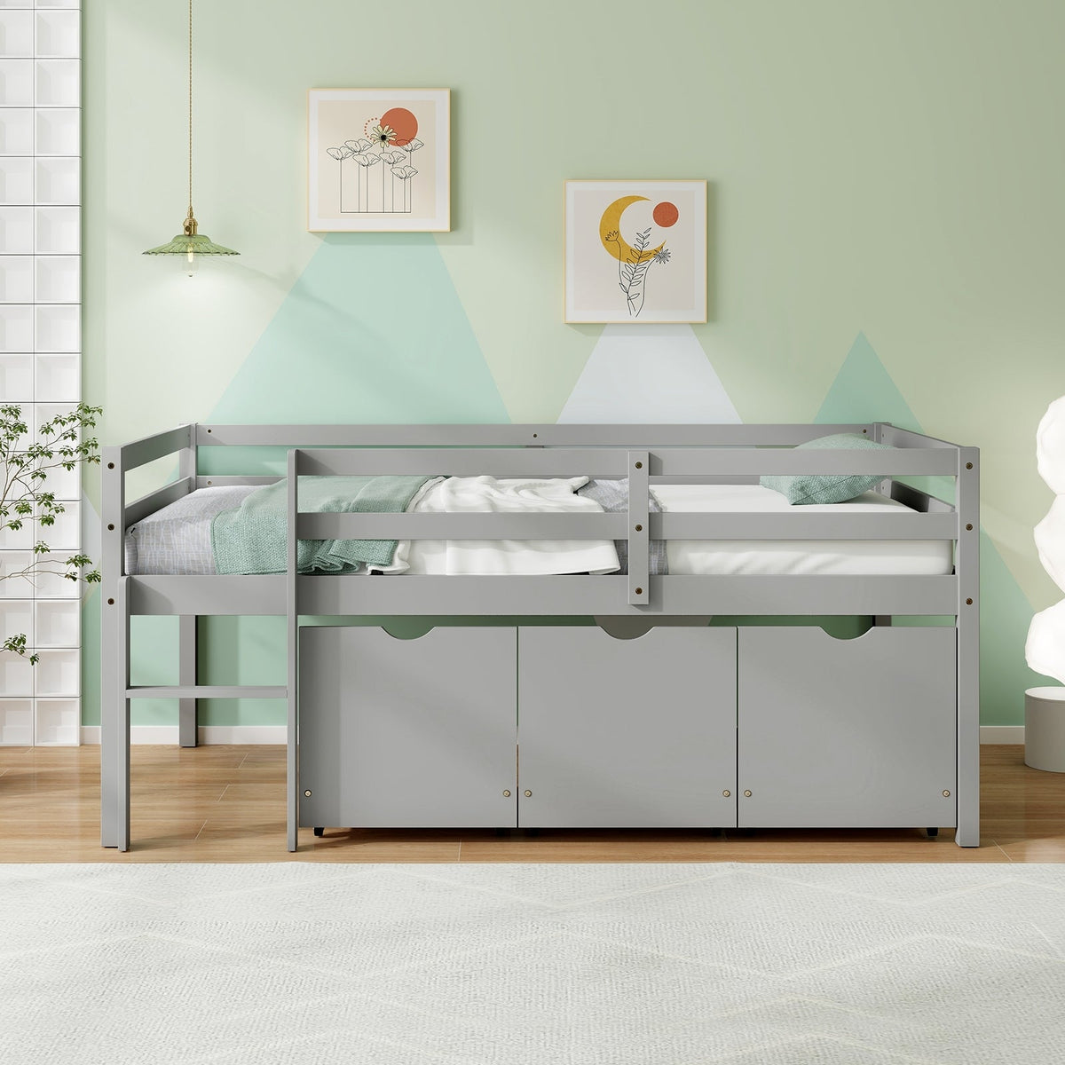 Twin Size Low Loft Bed with 3 Drawers with Ladder and Full-length Guardrails-Trundle Bed Frame-DECOROLALA