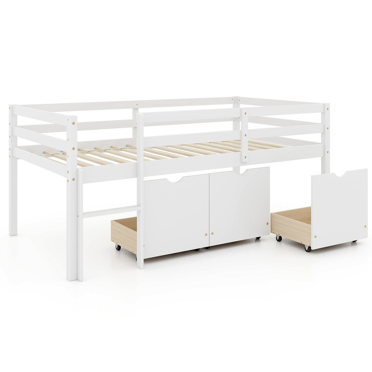 Twin Size Low Loft Bed with 3 Drawers with Ladder and Full-length Guardrails-Trundle Bed Frame-DECOROLALA