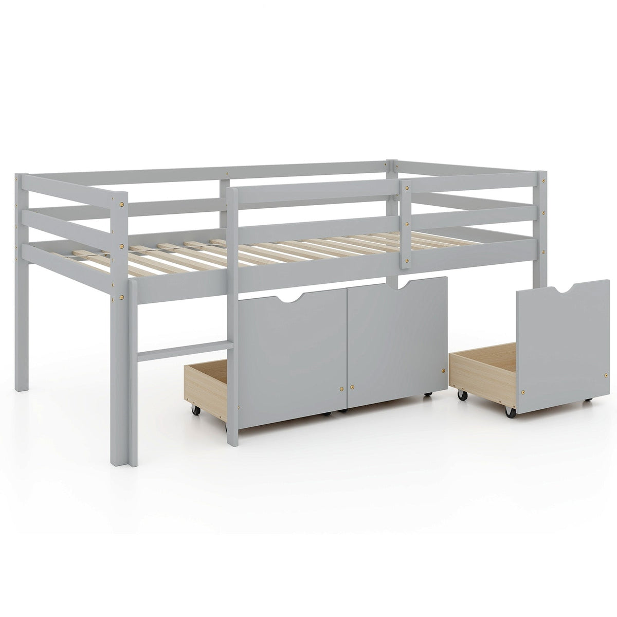 Twin Size Low Loft Bed with 3 Drawers with Ladder and Full-length Guardrails-Trundle Bed Frame-DECOROLALA