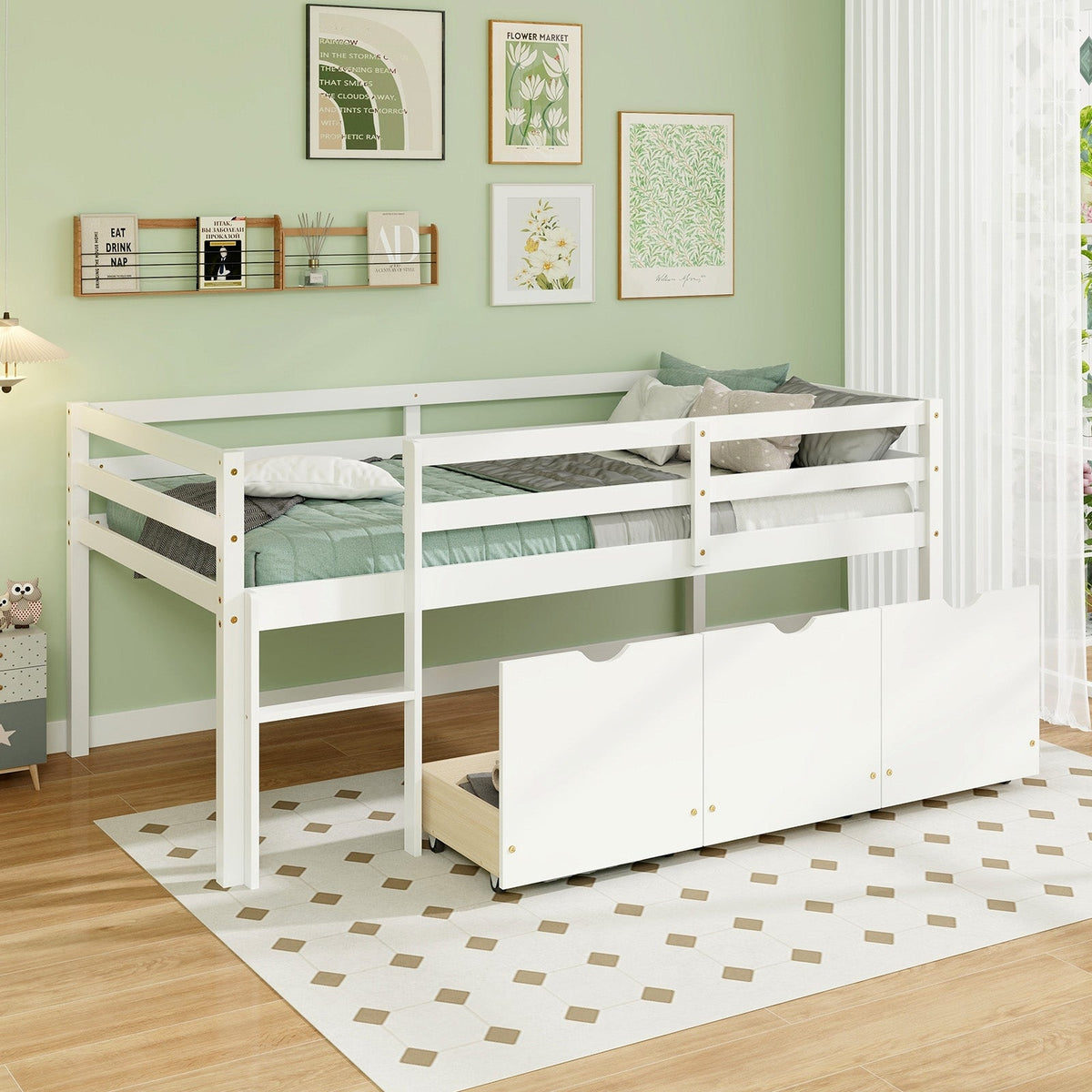 Twin Size Low Loft Bed with 3 Drawers with Ladder and Full-length Guardrails-Trundle Bed Frame-DECOROLALA