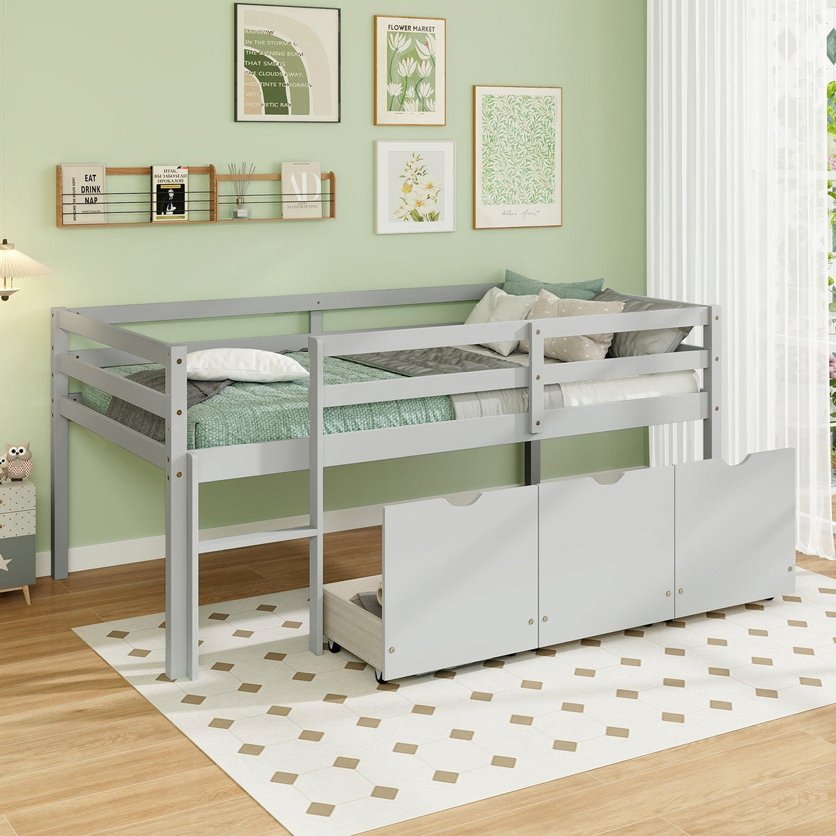 Twin Size Low Loft Bed with 3 Drawers with Ladder and Full-length Guardrails-Trundle Bed Frame-DECOROLALA