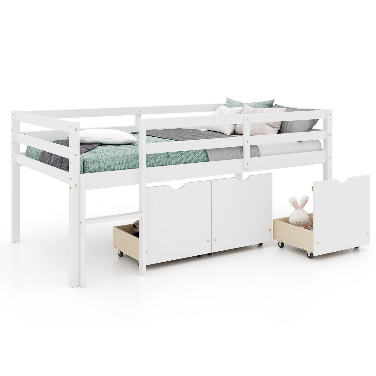 Twin Size Low Loft Bed with 3 Drawers with Ladder and Full-length Guardrails-Trundle Bed Frame-DECOROLALA