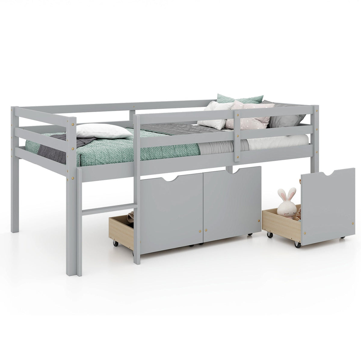 Twin Size Low Loft Bed with 3 Drawers with Ladder and Full-length Guardrails-Trundle Bed Frame-DECOROLALA
