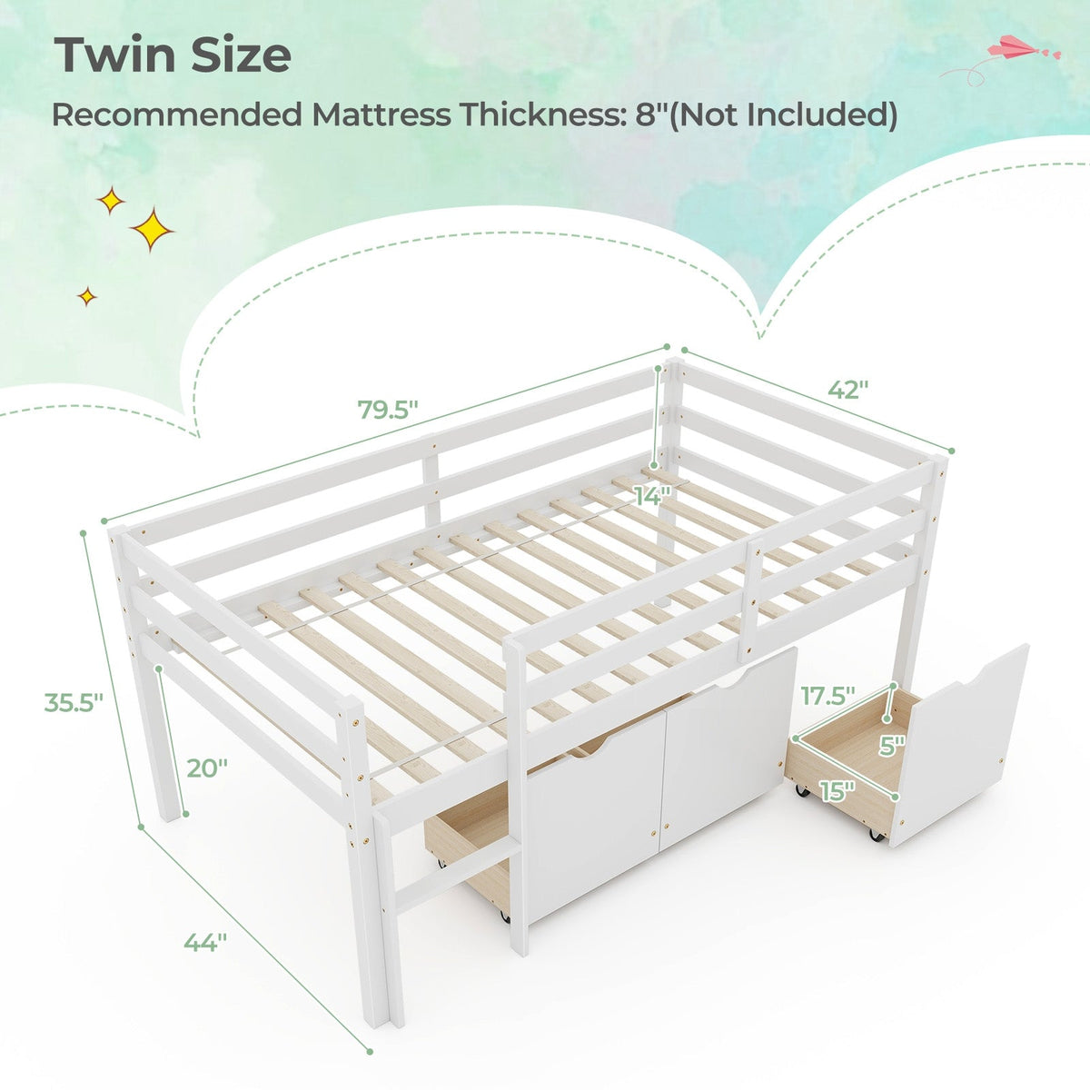 Twin Size Low Loft Bed with 3 Drawers with Ladder and Full-length Guardrails-Trundle Bed Frame-DECOROLALA