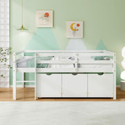 Twin Size Low Loft Bed with 3 Drawers with Ladder and Full-length Guardrails-Trundle Bed Frame-DECOROLALA