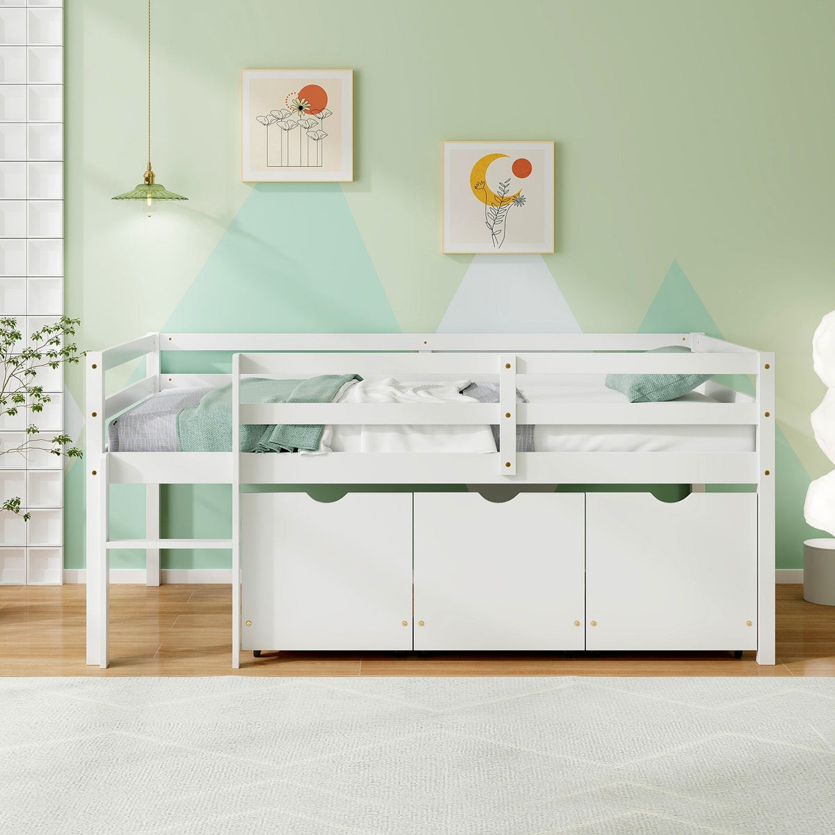 Twin Size Low Loft Bed with 3 Drawers with Ladder and Full-length Guardrails-Trundle Bed Frame-DECOROLALA
