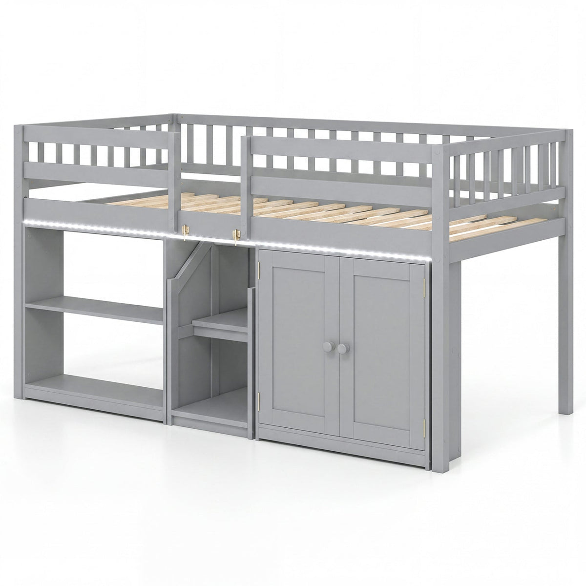 Twin Size Low Loft Bed with LED Lights, Storage, and Stairs-Bunk Bed Frame-DECOROLALA