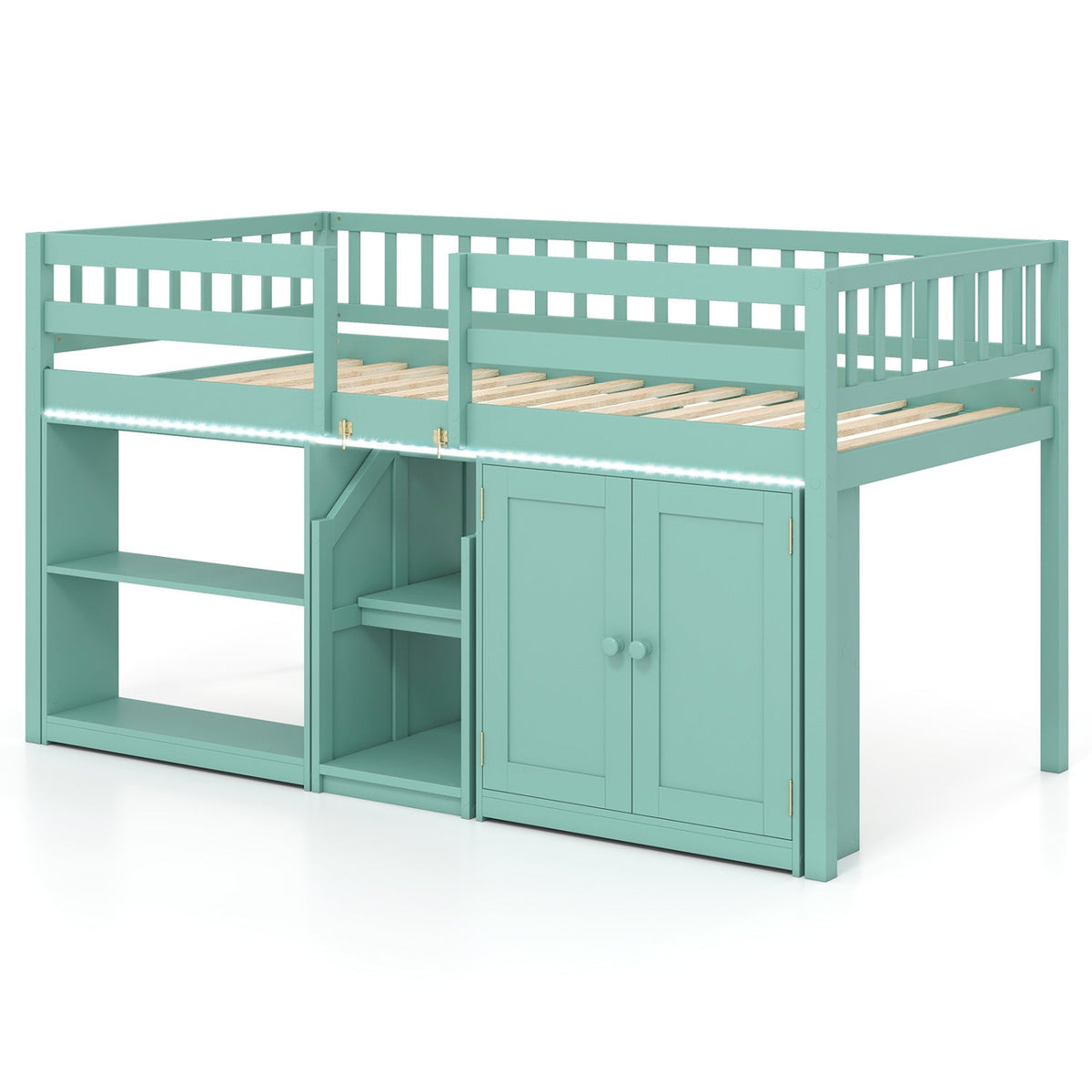 Twin Size Low Loft Bed with LED Lights, Storage, and Stairs-Bunk Bed Frame-DECOROLALA