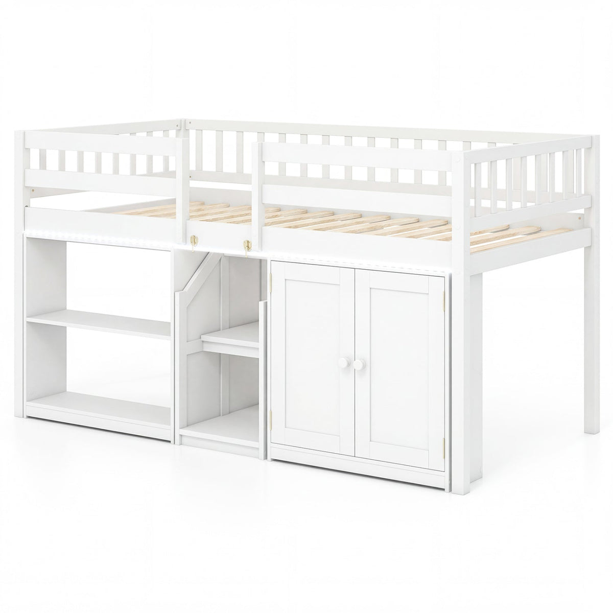 Twin Size Low Loft Bed with LED Lights, Storage, and Stairs-Bunk Bed Frame-DECOROLALA