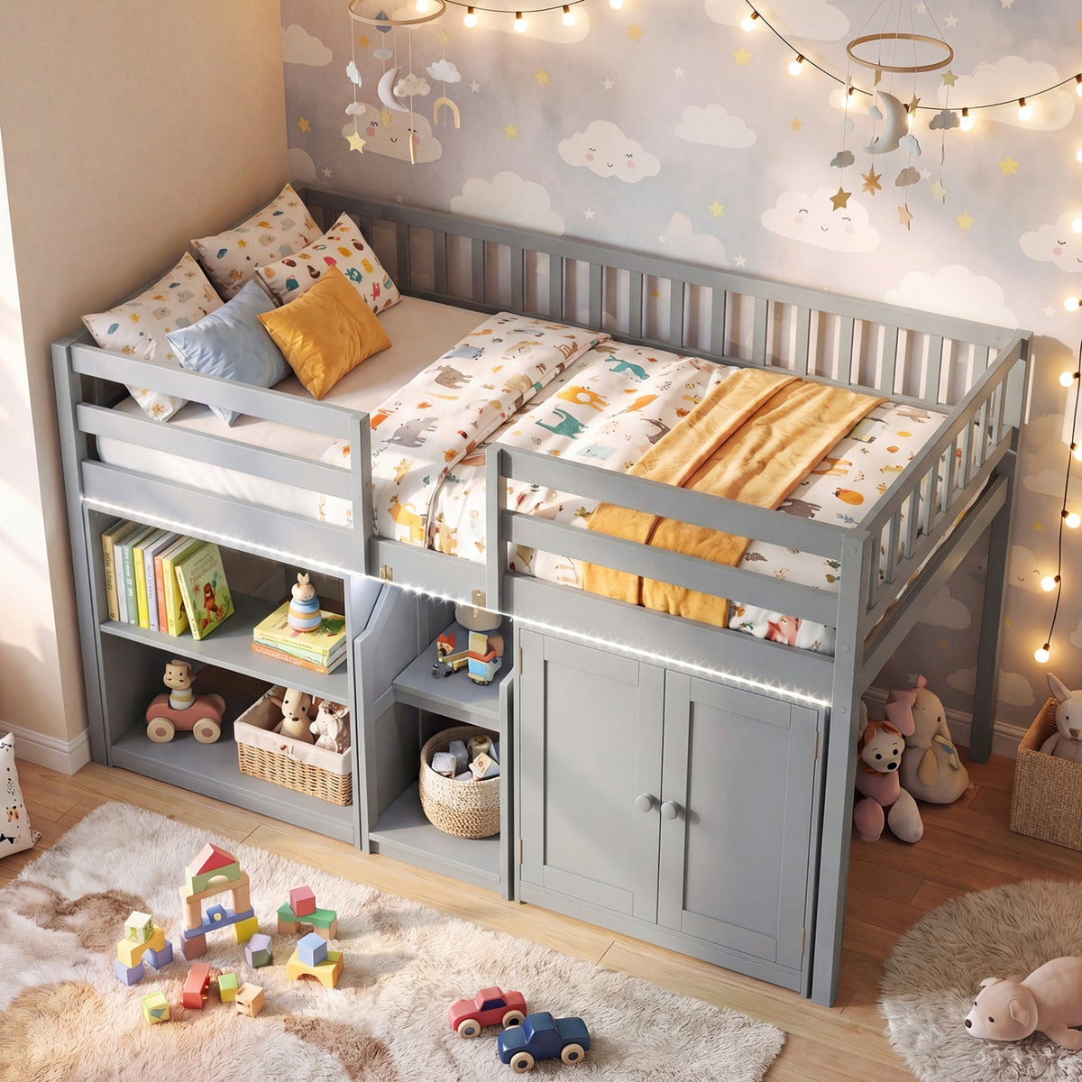 Twin Size Low Loft Bed with LED Lights, Storage, and Stairs-Bunk Bed Frame-DECOROLALA