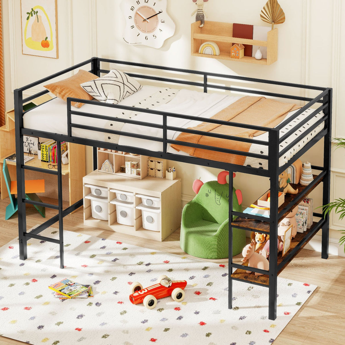 Twin Size Low Loft Bed with Ladder and Storage Shelves Metal Frame for Boys Girls-Black-Toddler Beds-DECOROLALA