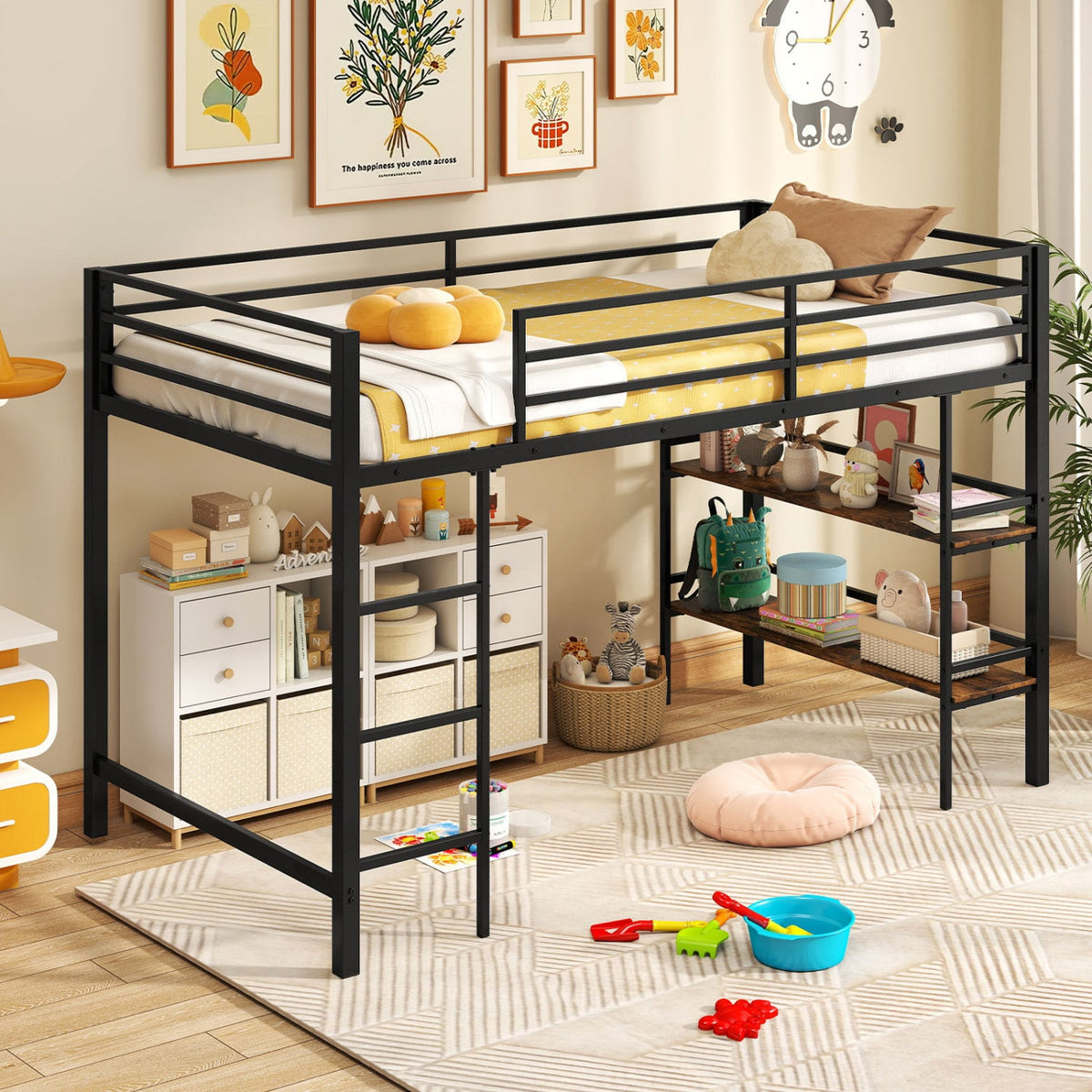 Twin Size Low Loft Bed with Ladder and Storage Shelves Metal Frame for Boys Girls-Black-Toddler Beds-DECOROLALA