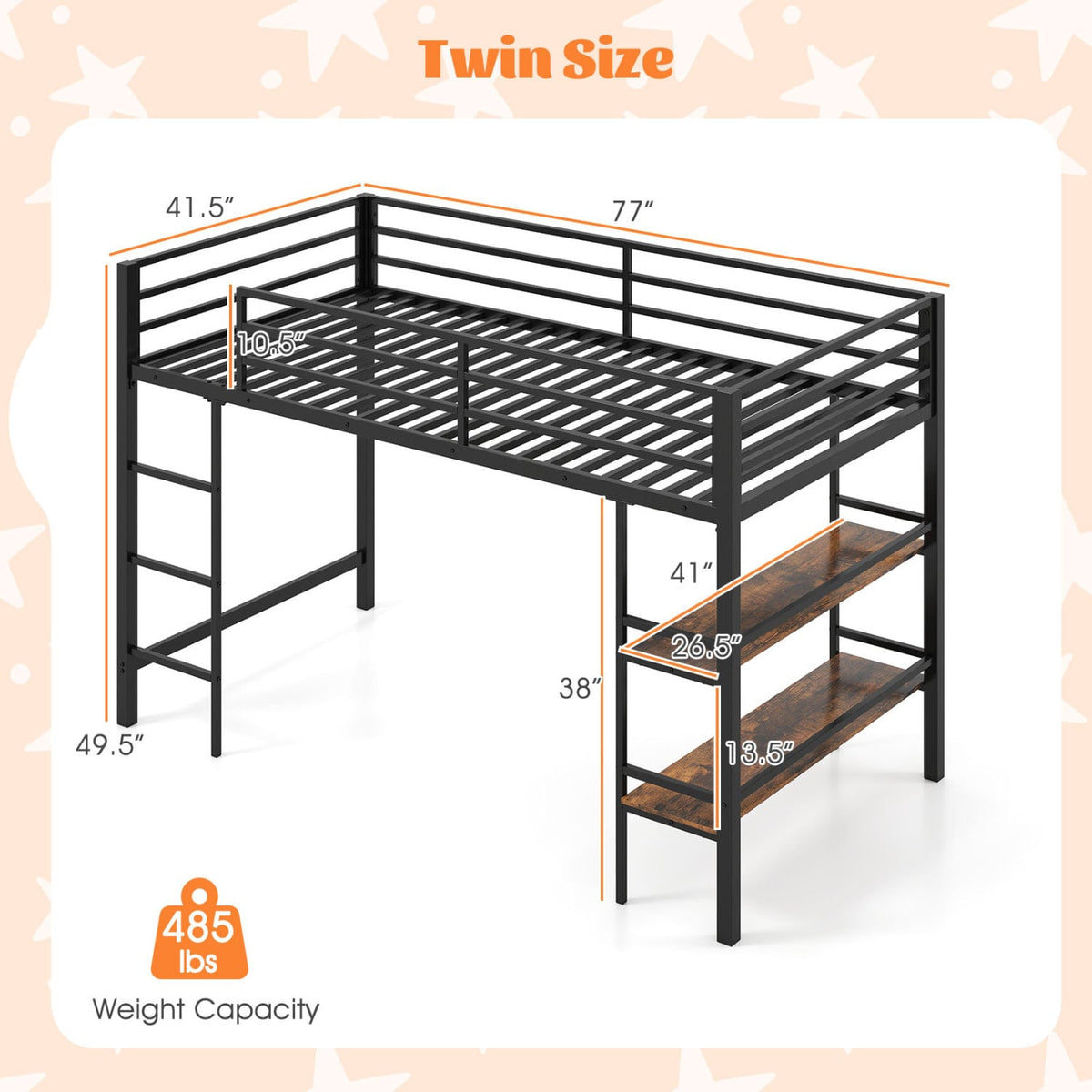 Twin Size Low Loft Bed with Ladder and Storage Shelves Metal Frame for Boys Girls-Black-Toddler Beds-DECOROLALA