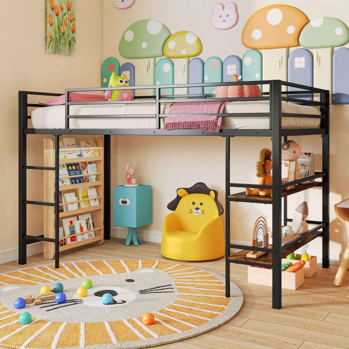 Twin Size Low Loft Bed with Ladder and Storage Shelves Metal Frame for Boys Girls-Black-Toddler Beds-DECOROLALA