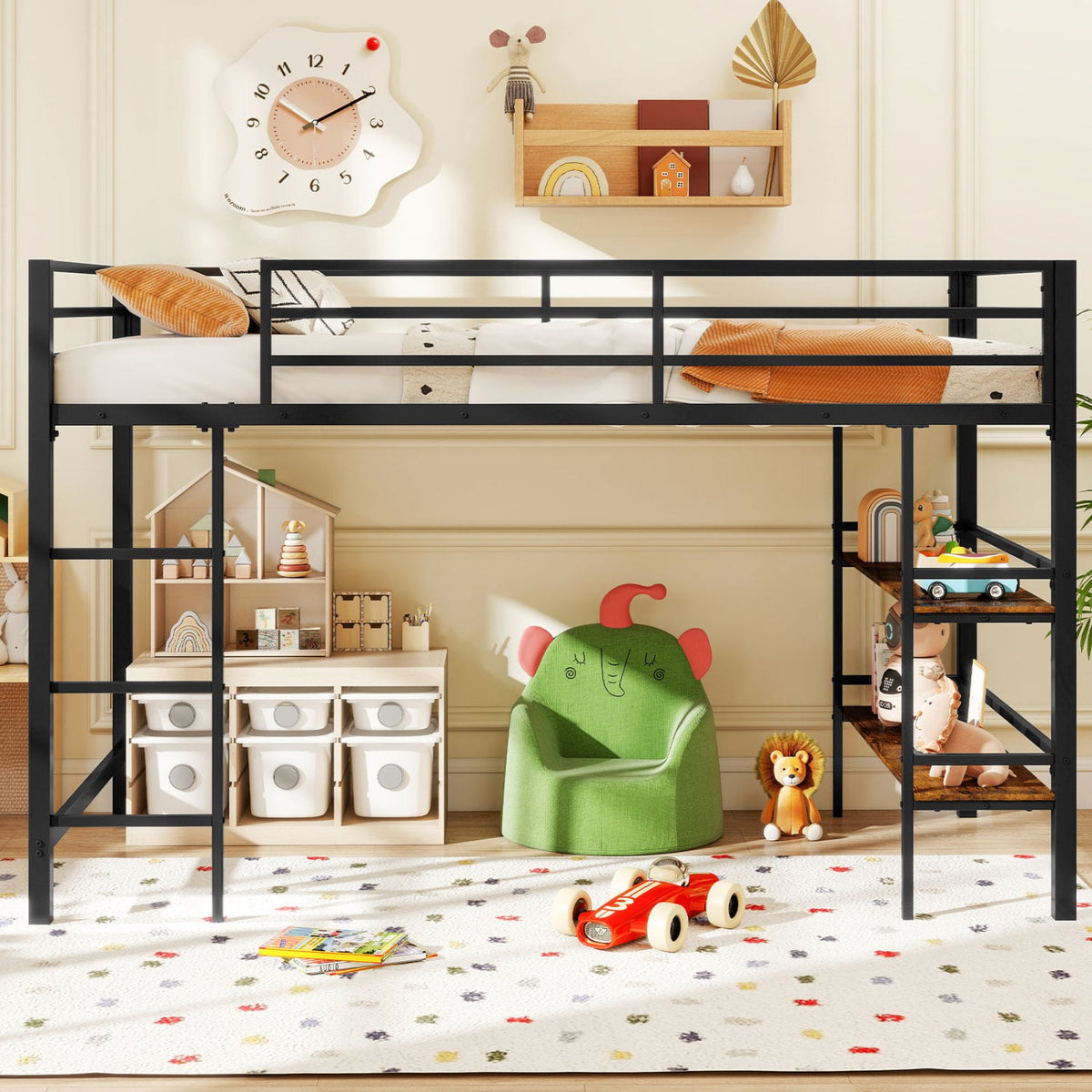 Twin Size Low Loft Bed with Ladder and Storage Shelves Metal Frame for Boys Girls-Black-Toddler Beds-DECOROLALA