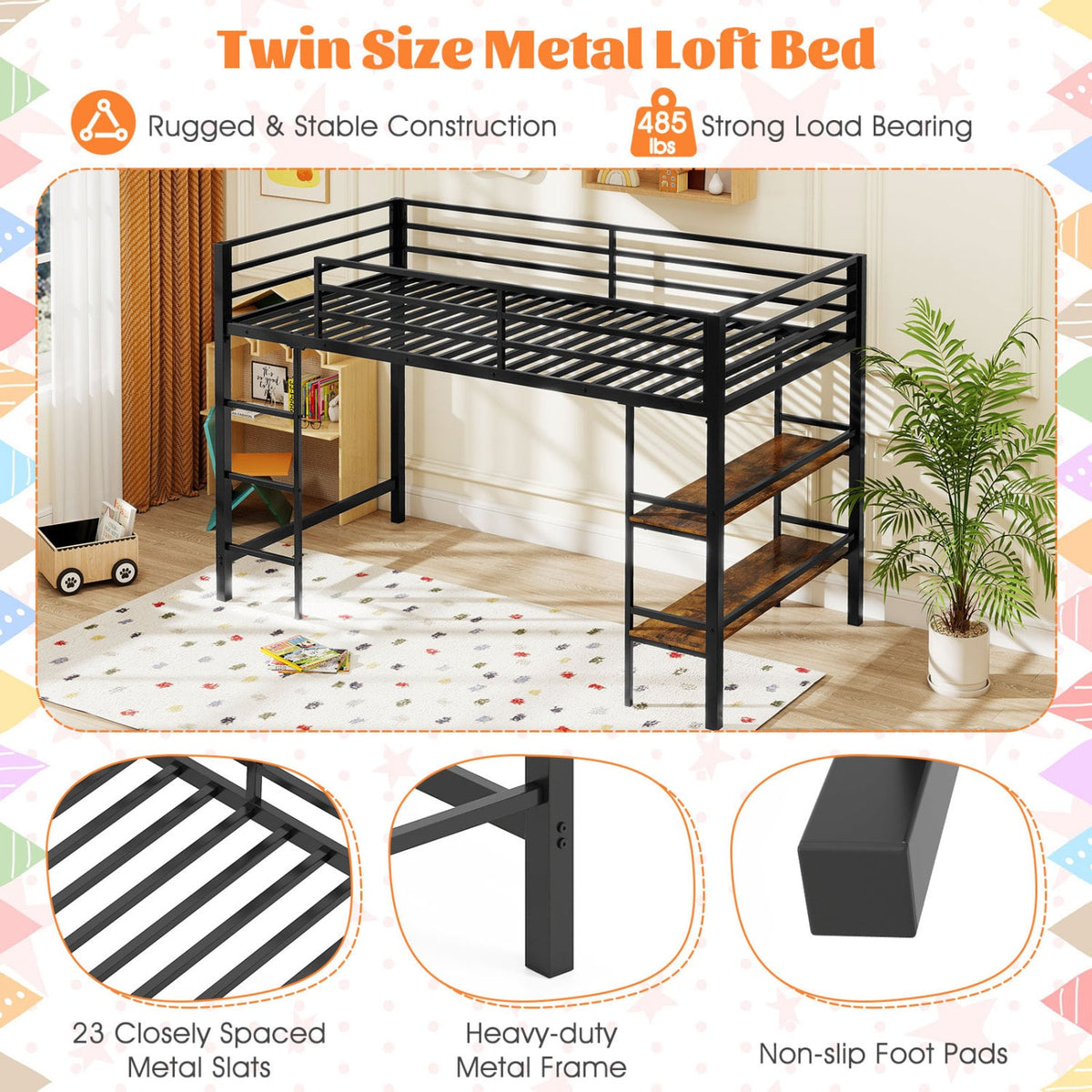 Twin Size Low Loft Bed with Ladder and Storage Shelves Metal Frame for Boys Girls-Black-Toddler Beds-DECOROLALA