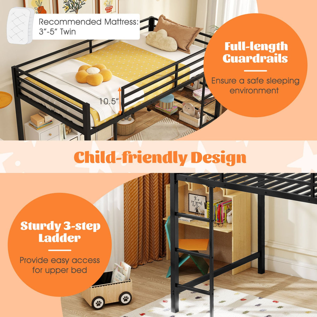 Twin Size Low Loft Bed with Ladder and Storage Shelves Metal Frame for Boys Girls-Black-Toddler Beds-DECOROLALA