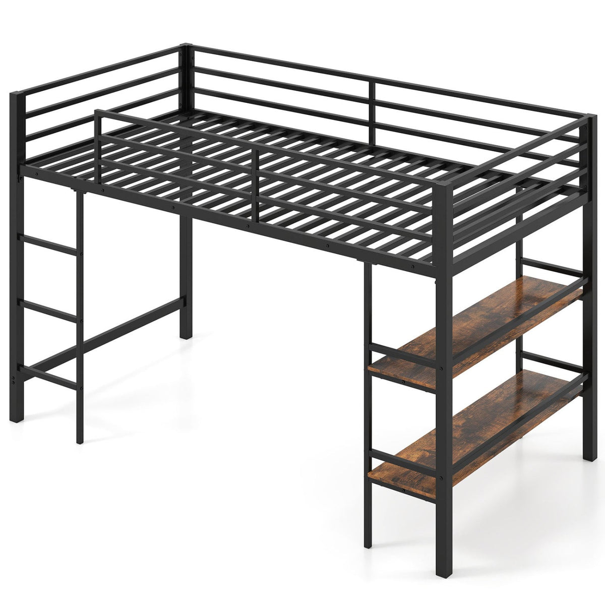 Twin Size Low Loft Bed with Ladder and Storage Shelves Metal Frame for Boys Girls-Black-Toddler Beds-DECOROLALA