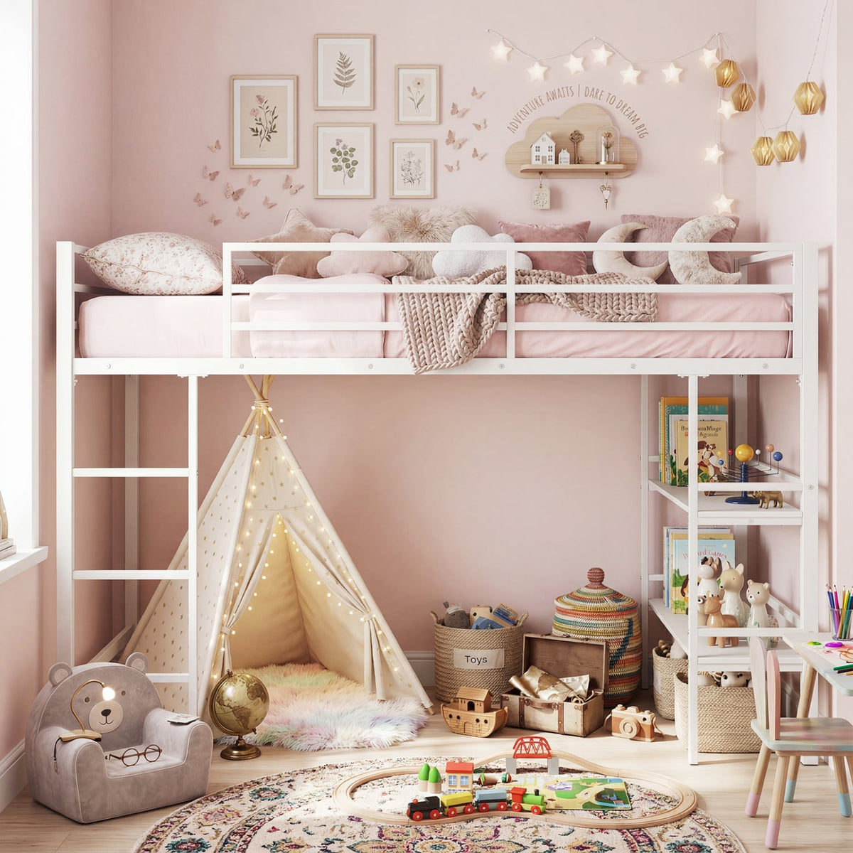 Twin Size Low Loft Bed with Ladder and Storage Shelves Metal Frame for Boys Girls-White-Toddler Beds-DECOROLALA