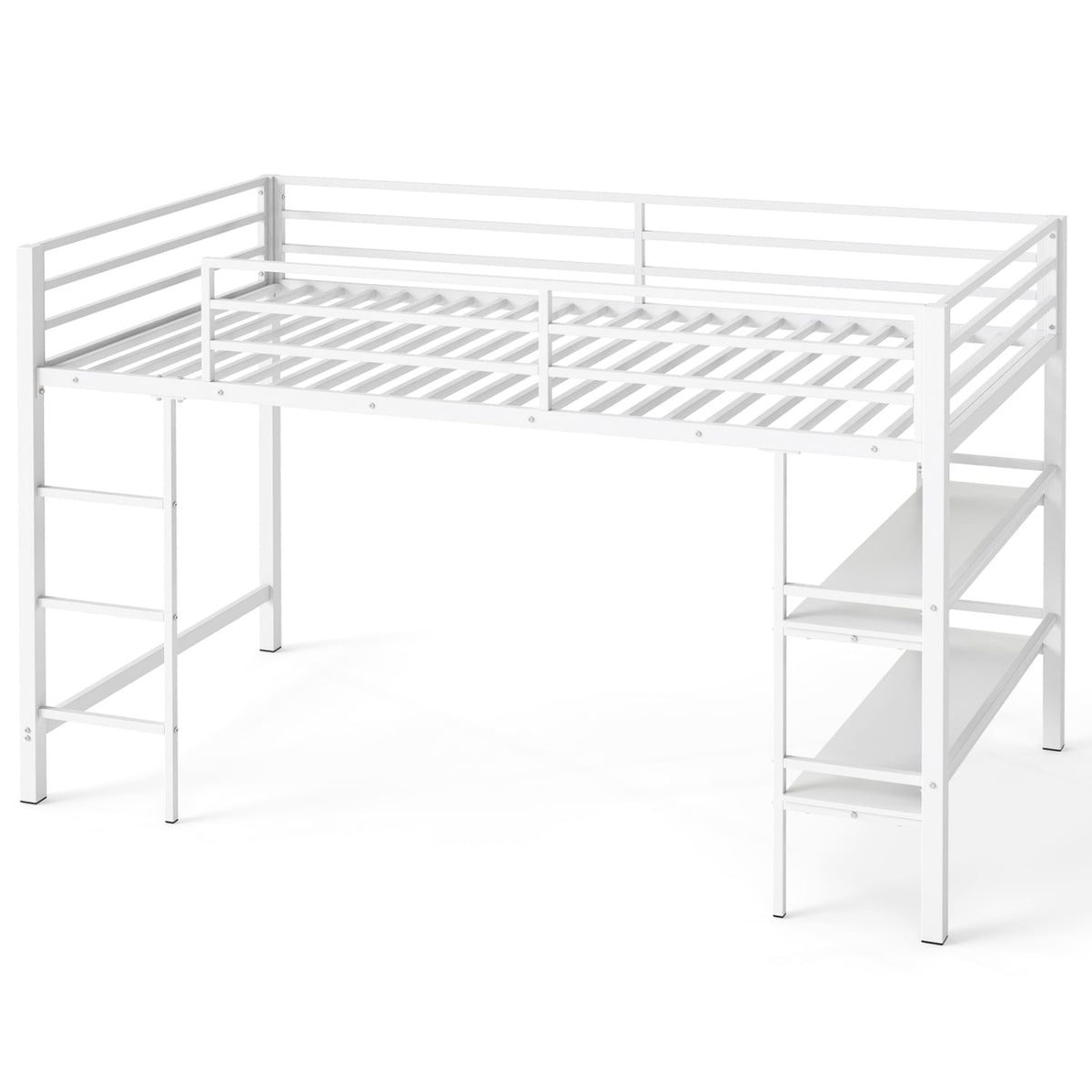 Twin Size Low Loft Bed with Ladder and Storage Shelves Metal Frame for Boys Girls-White-Toddler Beds-DECOROLALA