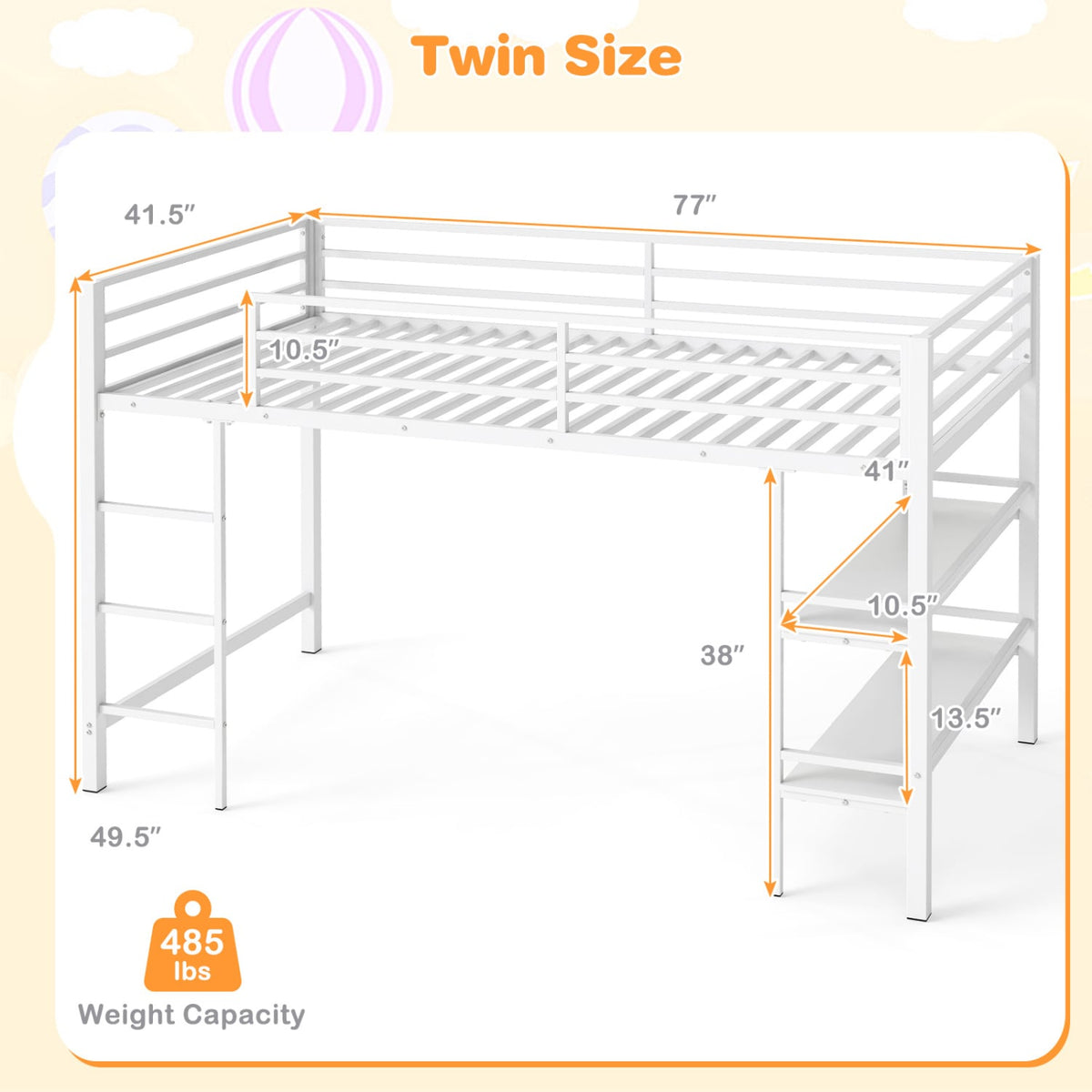 Twin Size Low Loft Bed with Ladder and Storage Shelves Metal Frame for Boys Girls-White-Toddler Beds-DECOROLALA