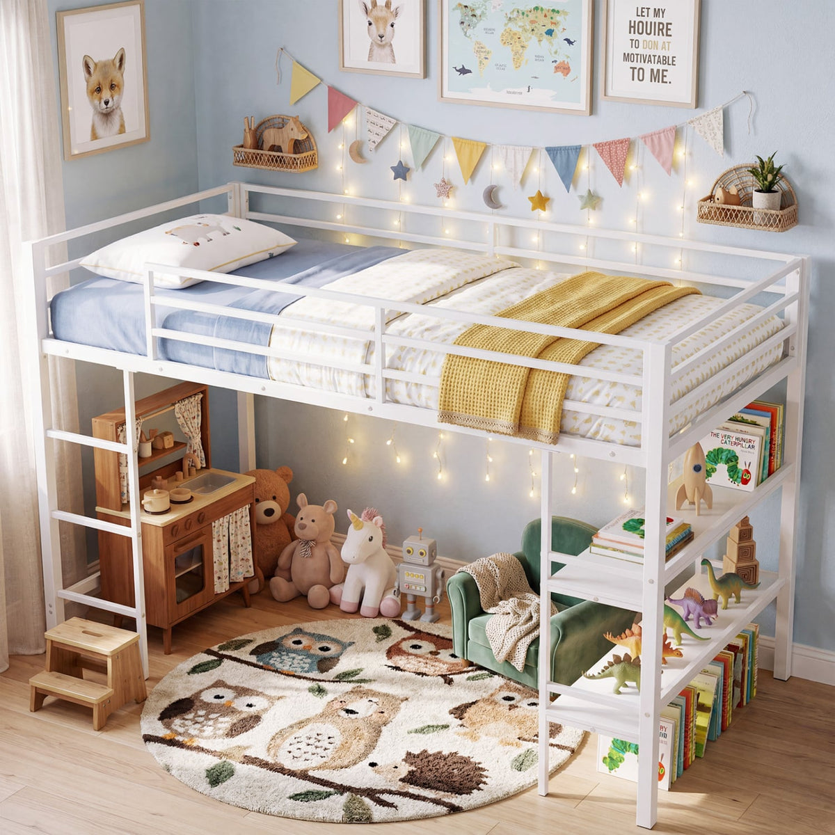 Twin Size Low Loft Bed with Ladder and Storage Shelves Metal Frame for Boys Girls-White-Toddler Beds-DECOROLALA