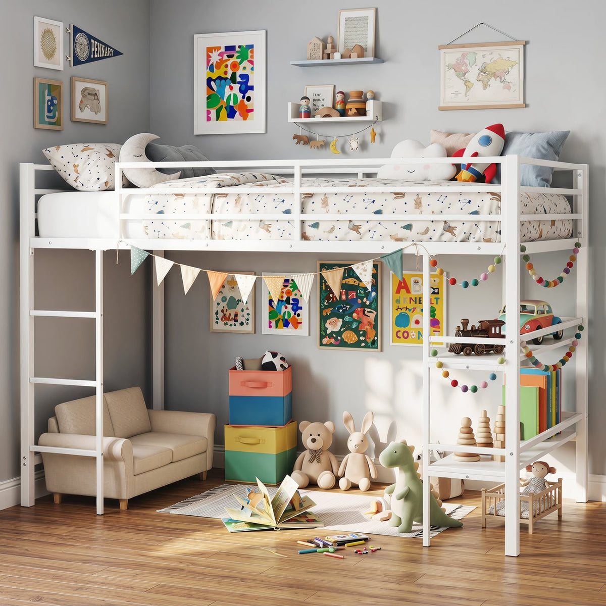 Twin Size Low Loft Bed with Ladder and Storage Shelves Metal Frame for Boys Girls-White-Toddler Beds-DECOROLALA