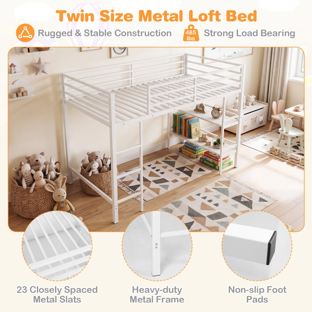 Twin Size Low Loft Bed with Ladder and Storage Shelves Metal Frame for Boys Girls-White-Toddler Beds-DECOROLALA