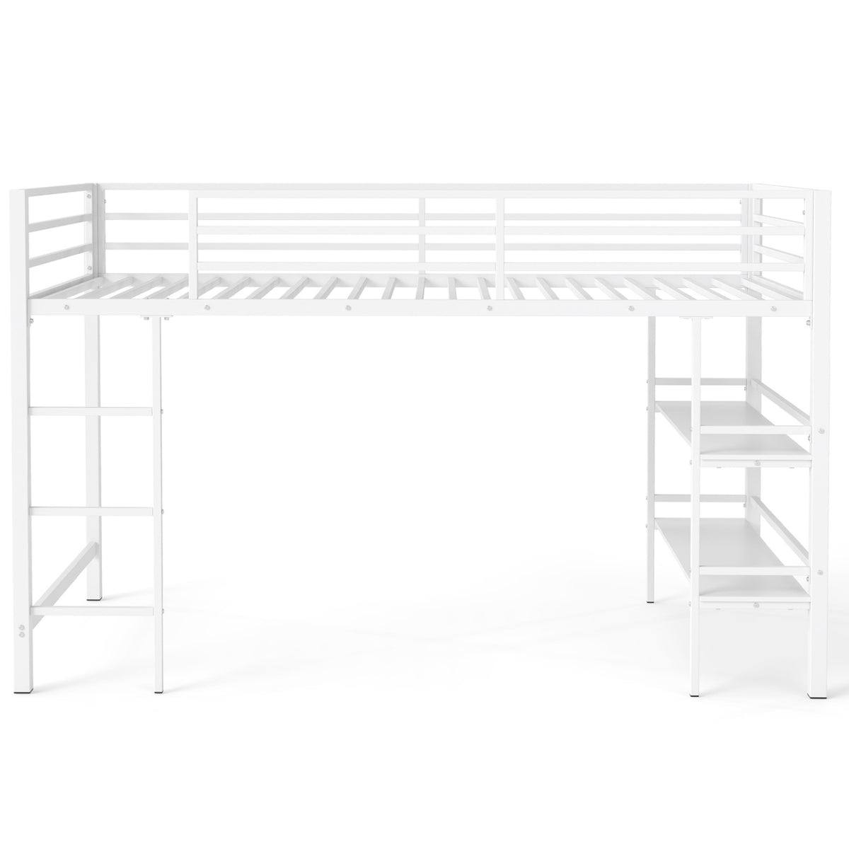 Twin Size Low Loft Bed with Ladder and Storage Shelves Metal Frame for Boys Girls-White-Toddler Beds-DECOROLALA