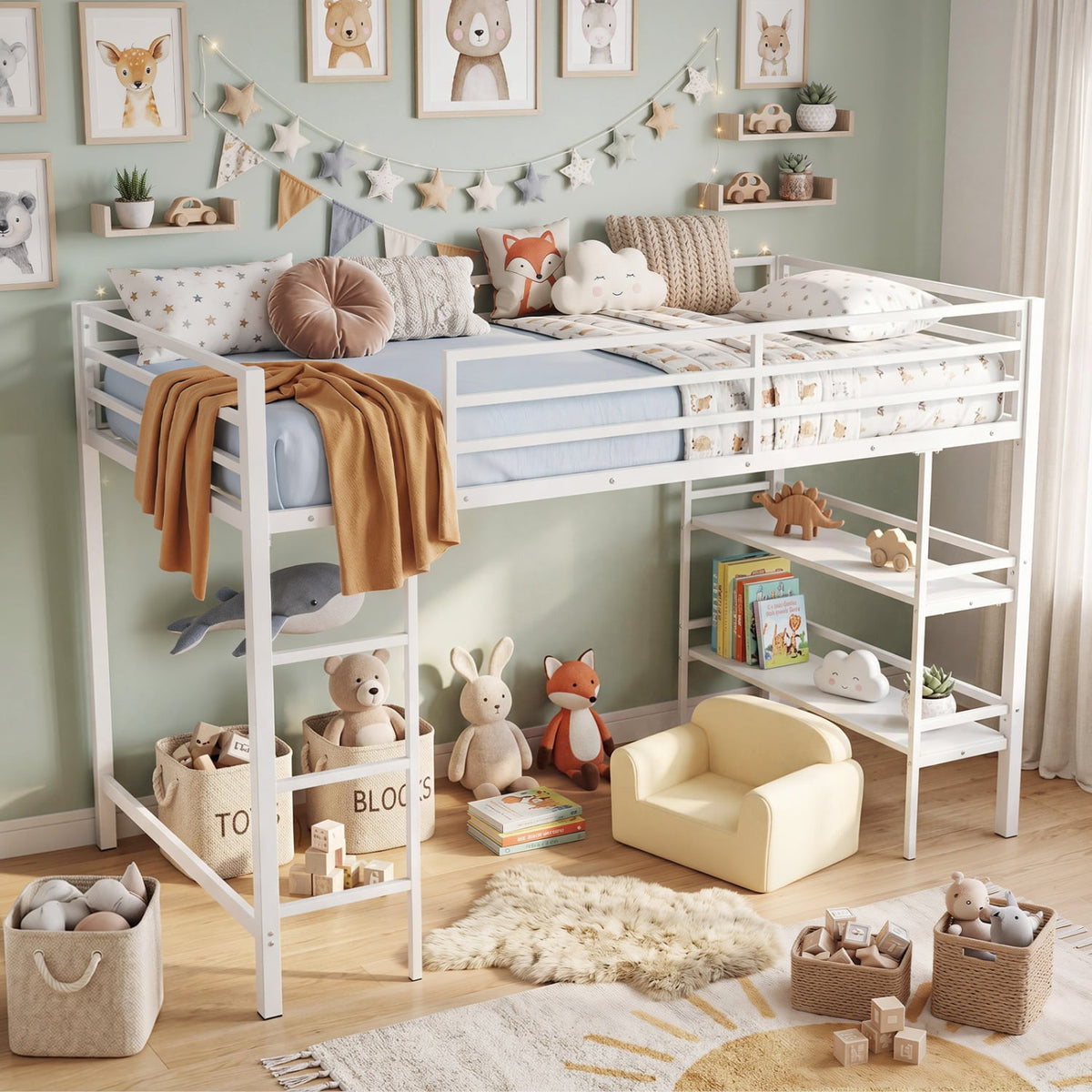 Twin Size Low Loft Bed with Ladder and Storage Shelves Metal Frame for Boys Girls-White-Toddler Beds-DECOROLALA
