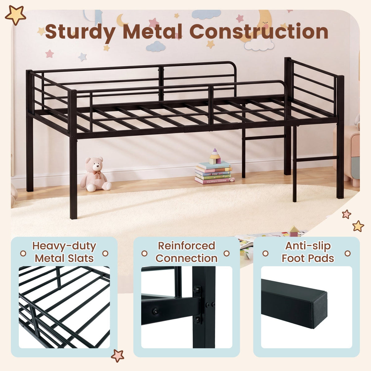 Twin Size Low Loft Bed with Safety Guardrails and 2 Ladders-Bunk Bed Frame-DECOROLALA