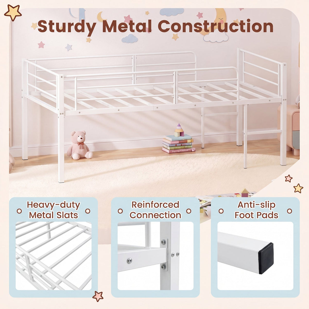Twin Size Low Loft Bed with Safety Guardrails and 2 Ladders-Bunk Bed Frame-DECOROLALA