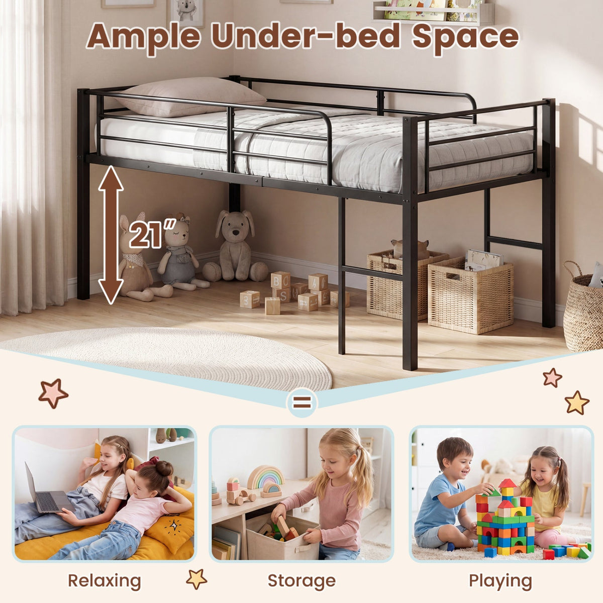 Twin Size Low Loft Bed with Safety Guardrails and 2 Ladders-Bunk Bed Frame-DECOROLALA