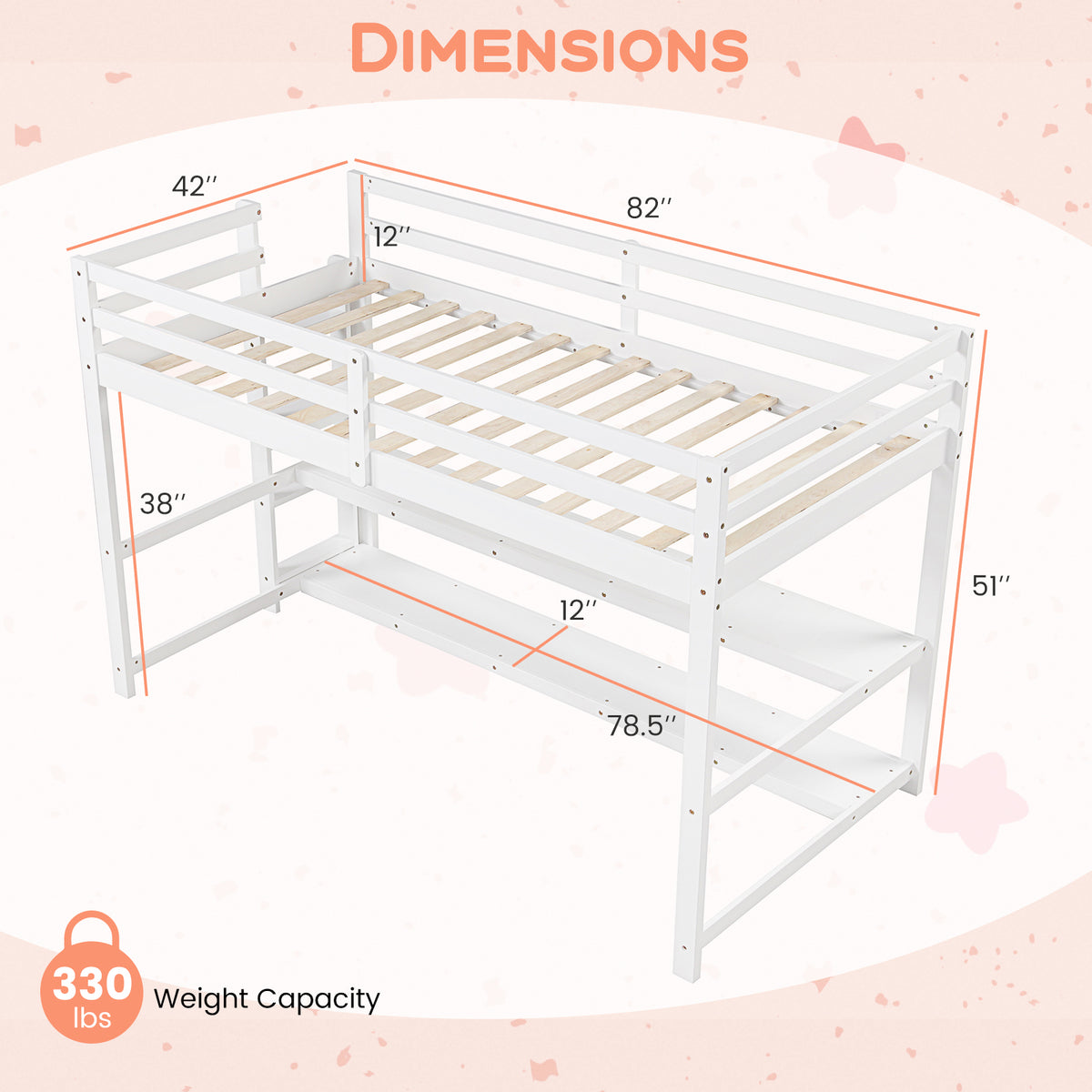 Twin Size Low Loft Bed with Storage Shelves and Ladder - White-Bunk Bed Frame-DECOROLALA