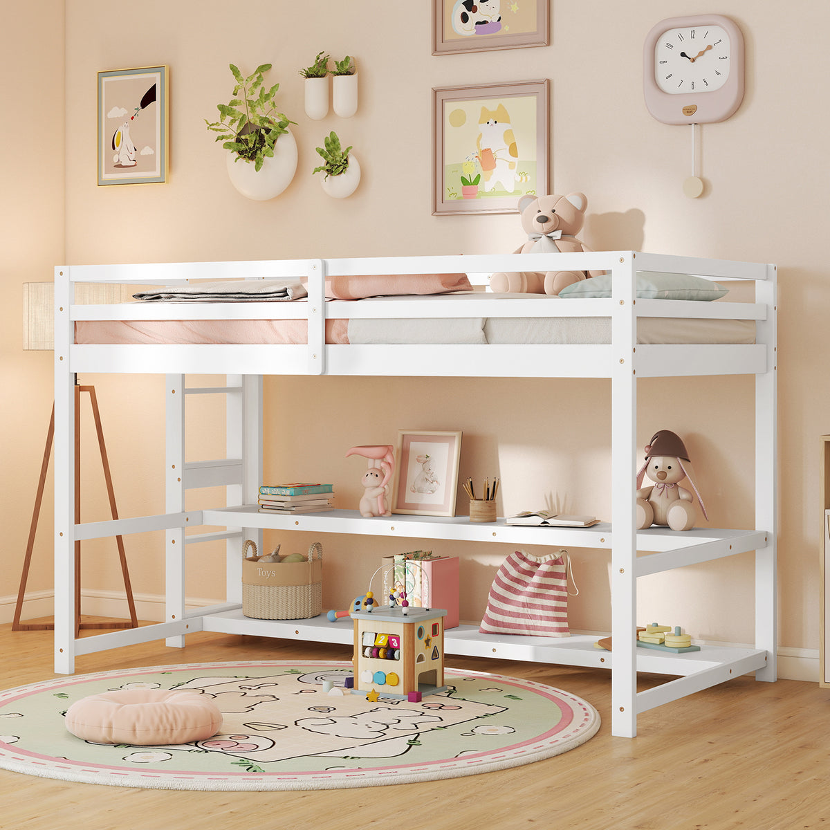 Twin Size Low Loft Bed with Storage Shelves and Ladder - White-Bunk Bed Frame-DECOROLALA