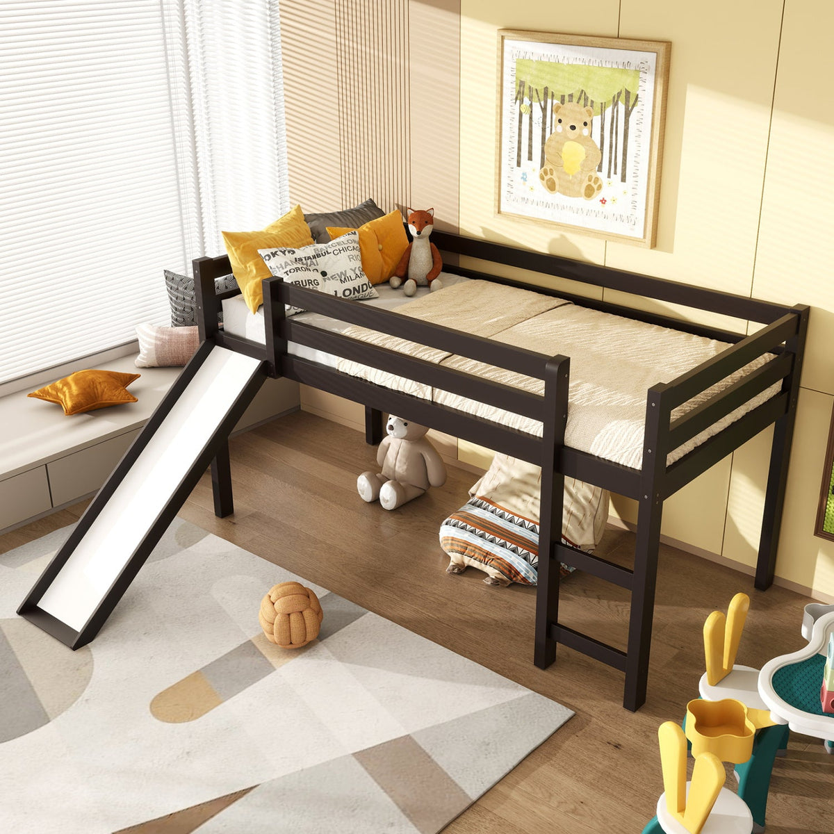 Twin Size Low Sturdy Loft Bed with Slide Wood-Bunk Bed Frame-DECOROLALA