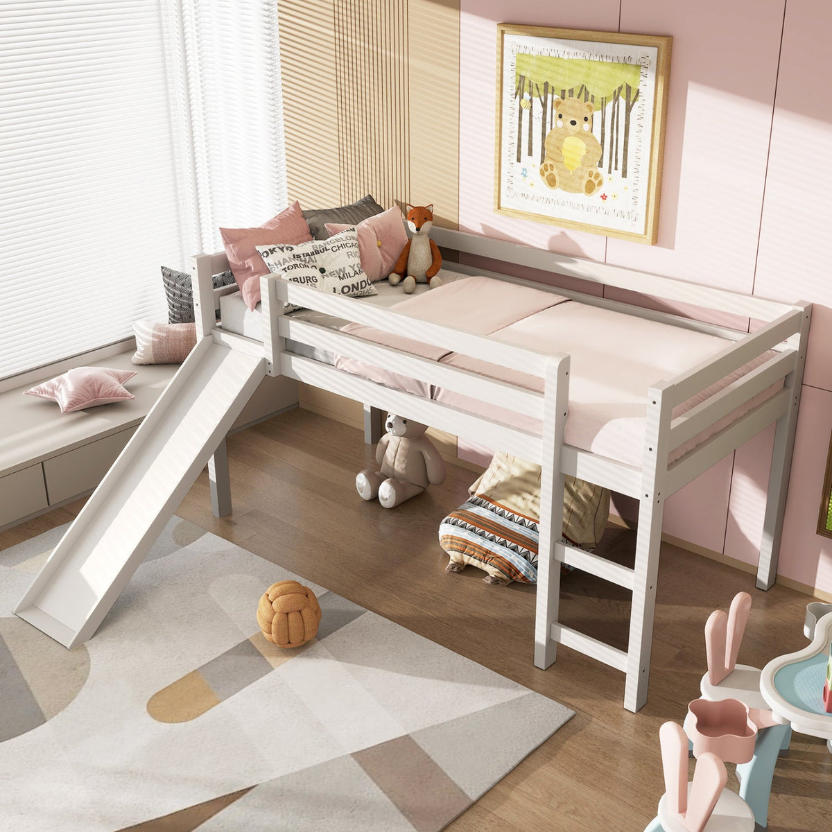 Twin Size Low Sturdy Loft Bed with Slide Wood-Bunk Bed Frame-DECOROLALA