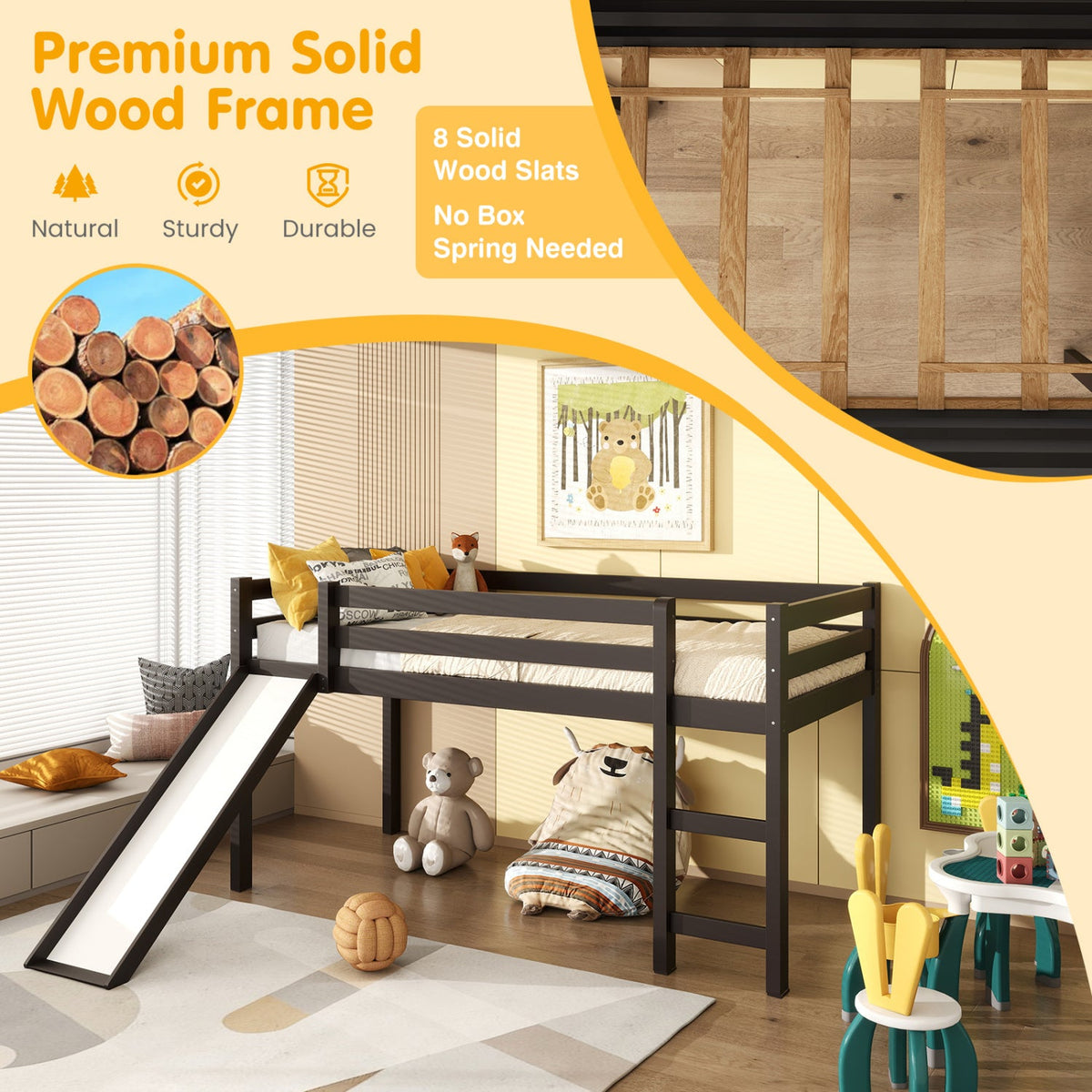 Twin Size Low Sturdy Loft Bed with Slide Wood-Bunk Bed Frame-DECOROLALA