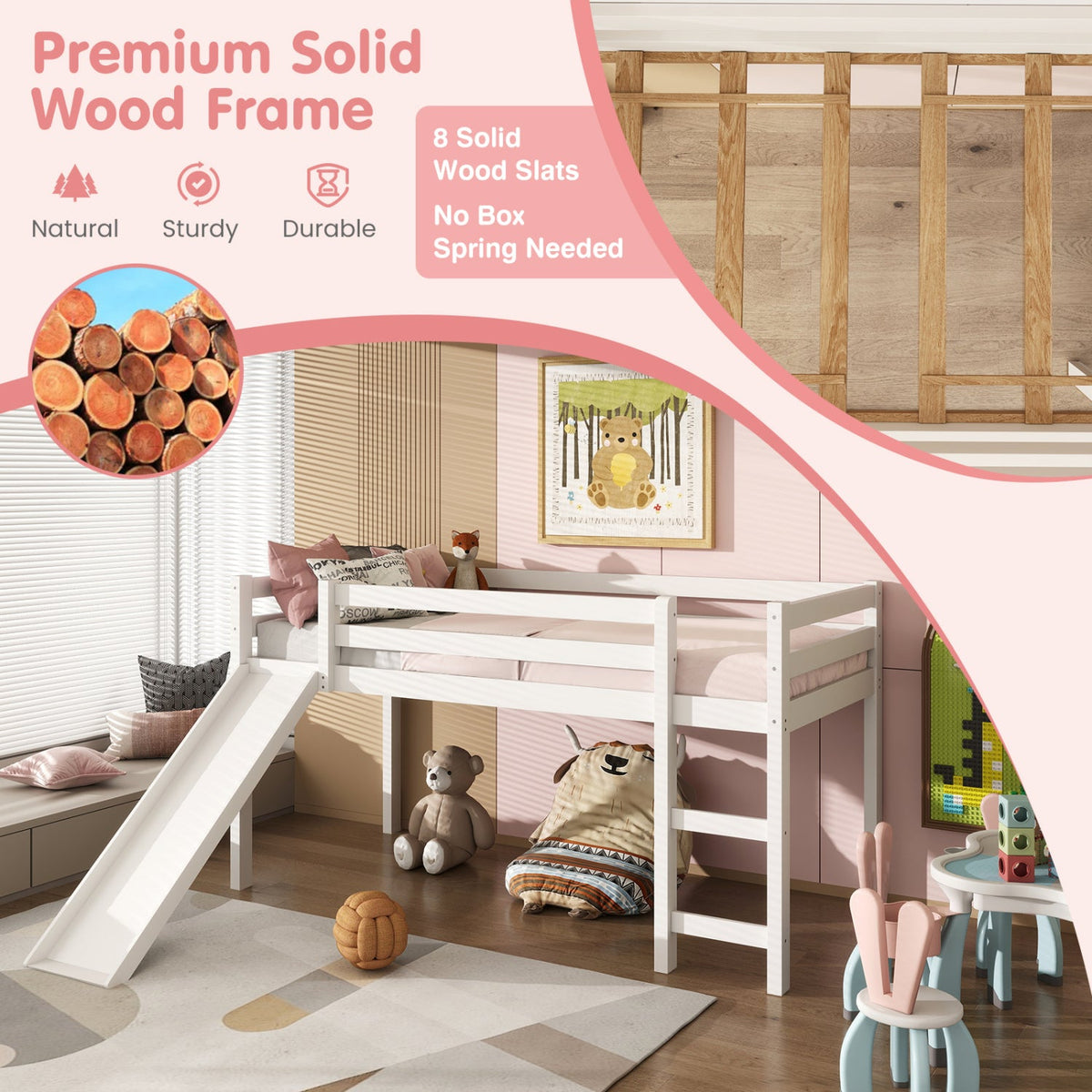 Twin Size Low Sturdy Loft Bed with Slide Wood-Bunk Bed Frame-DECOROLALA