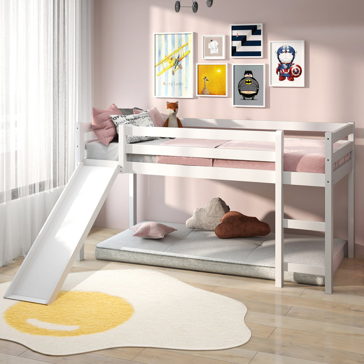 Twin Size Low Sturdy Loft Bed with Slide Wood-Bunk Bed Frame-DECOROLALA