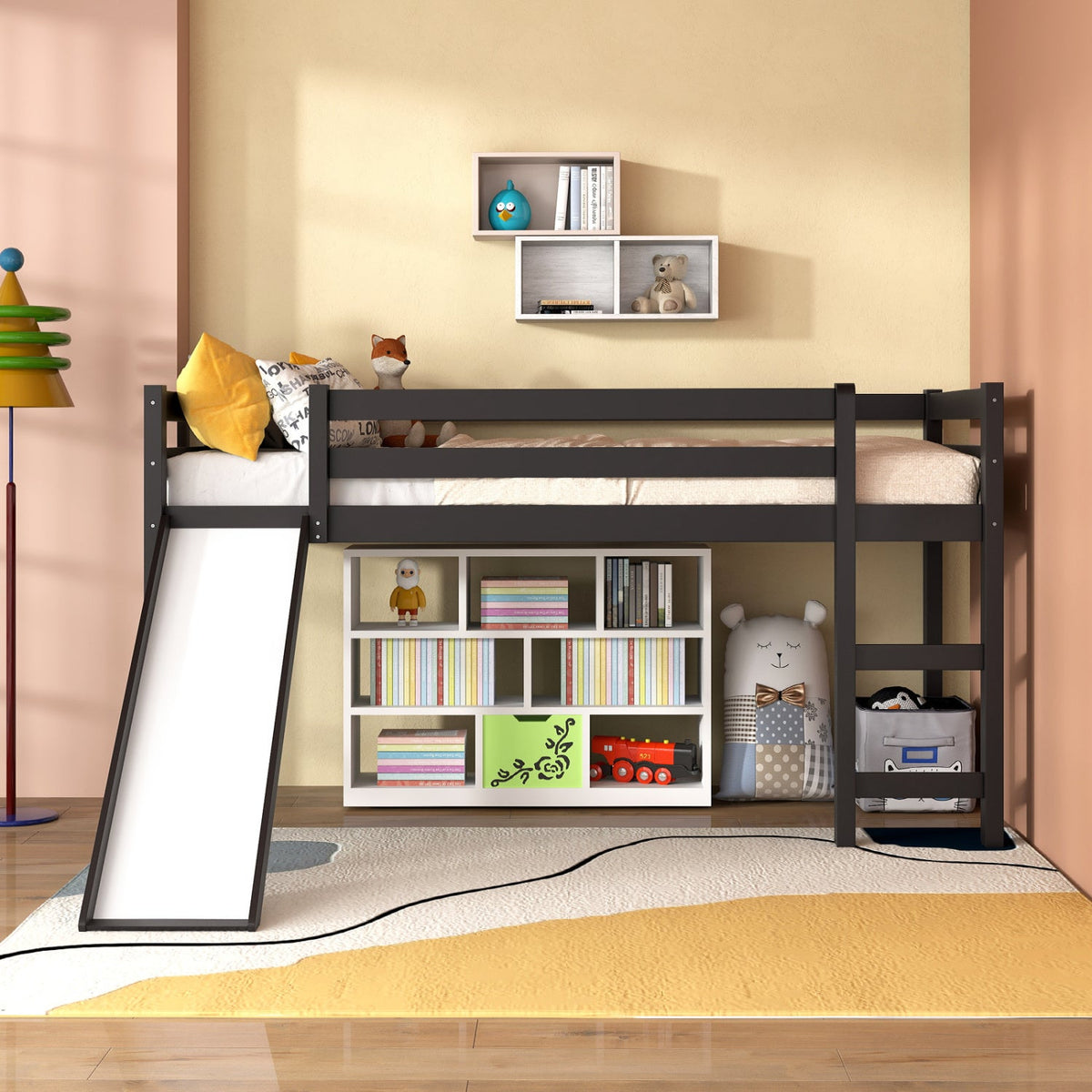 Twin Size Low Sturdy Loft Bed with Slide Wood-Bunk Bed Frame-DECOROLALA