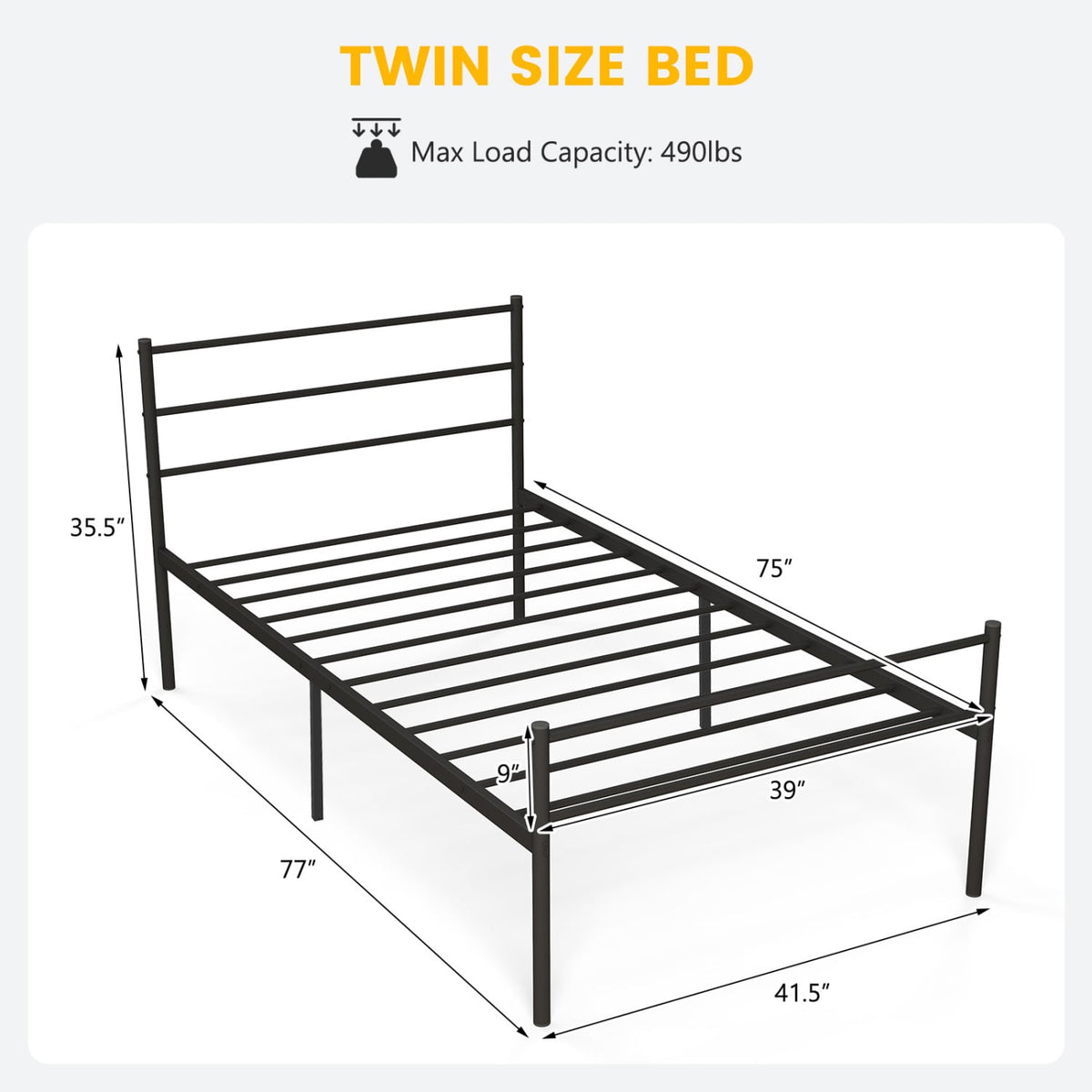 Twin Size Metal Bed Frame Platform with Headboard-Black-Simple Bed Frame-DECOROLALA