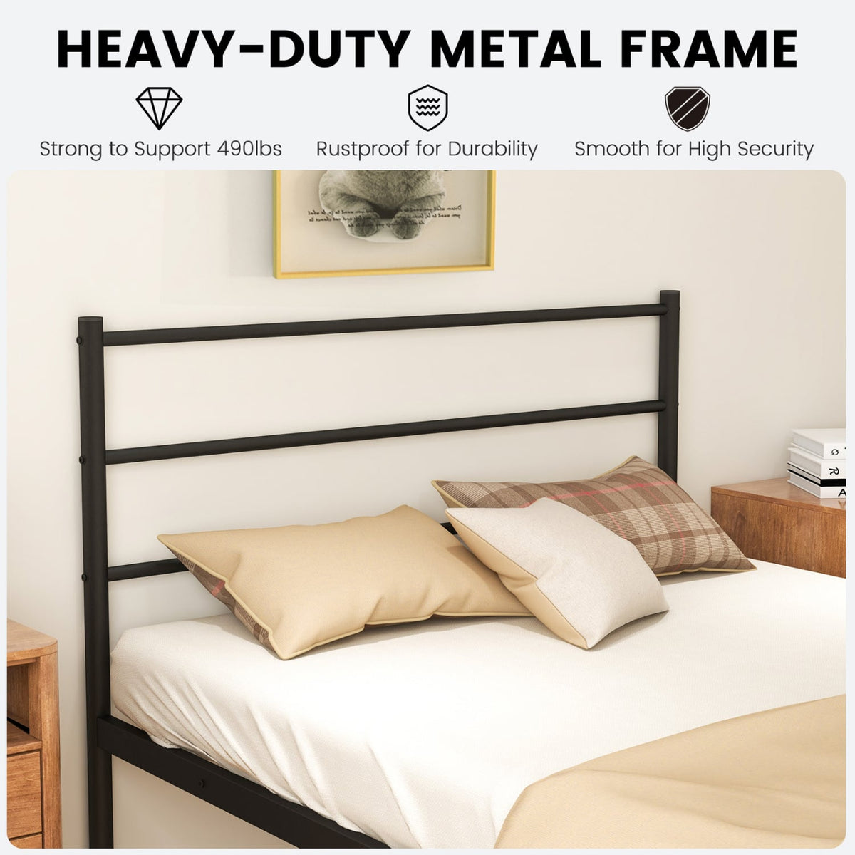 Twin Size Metal Bed Frame Platform with Headboard-Black-Simple Bed Frame-DECOROLALA