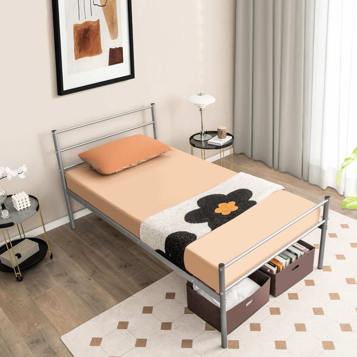 Twin Size Metal Bed Frame Platform with Headboard-Silver-Simple Bed Frame-DECOROLALA