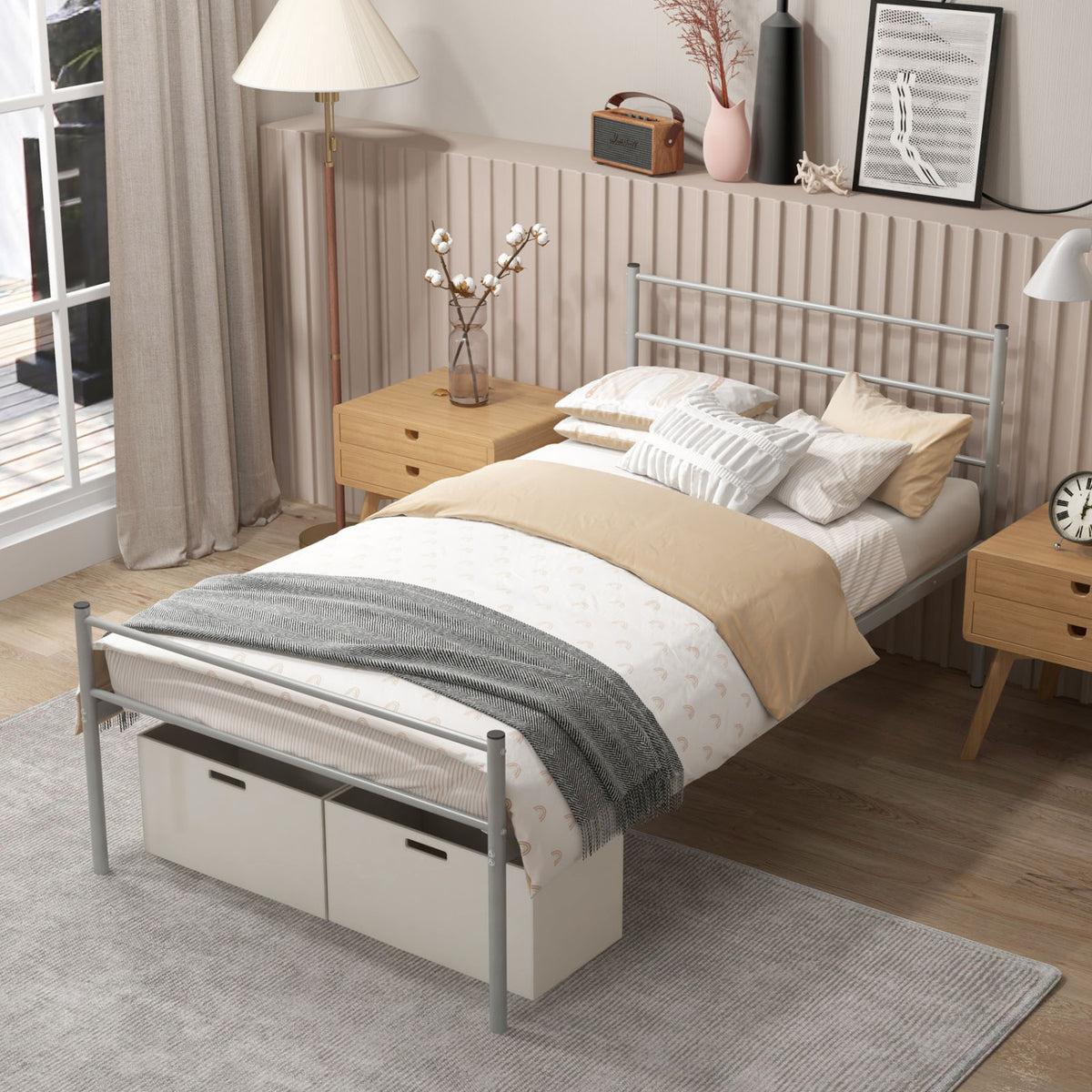 Twin Size Metal Bed Frame Platform with Headboard-Silver-Simple Bed Frame-DECOROLALA